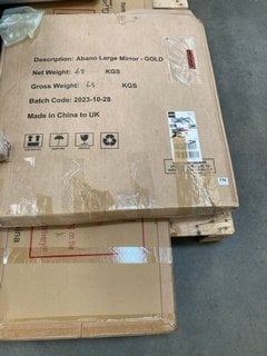 PALLET OF ASSORTED ITEMS TO INCLUDE ABANO LARGE MIRROR IN GOLD: LOCATION - A12 (KERBSIDE PALLET DELIVERY)