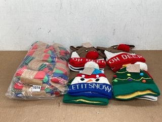 QTY OF CHRISTMAS HATS & SOCKS IN VARIOUS DESIGNS & SIZES TO INCLUDE MULTI-COLOURED FESTIVE SOCKS - UK SIZE 6-12: LOCATION - E9