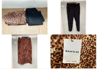 WOMENS WHISTLES MARBLE SPOT FRONT SPLIT SKIRT UK SIZE 12 TO INCLUDE REISS SLIM LEG TROUSERS IN BLACK UK SIZE 12R - COMBINED RRP:£197: LOCATION - WH10