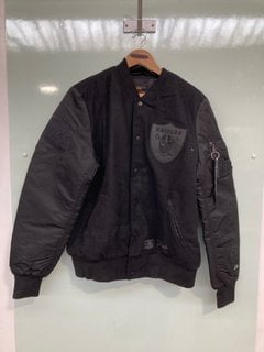 MENS LAS VEGAS RAIDERS NFL X ALPHA INDUSTRIES BLACK ON BLACK VARSITY JACKET UK SIZE M - RRP:£291: LOCATION - H4