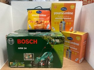 4 X ASSORTED ITEMS TO INCLUDE BOSCH ARM 34 CORDED LAWN MOWER: LOCATION - G9