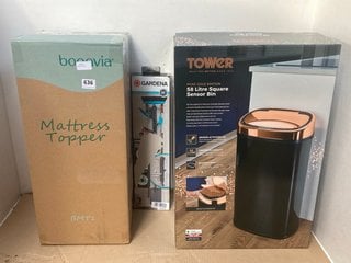 3 X ASSORTED HOUSEHOLD ITEMS TO INCLUDE TOWER ROSE GOLD 58L SQUARE SENSOR BIN: LOCATION - F17