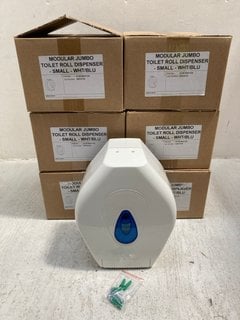 6 X MODULAR JUMBO SMALL TOILET ROLL DISPENSER IN WHITE/BLUE: LOCATION - F4