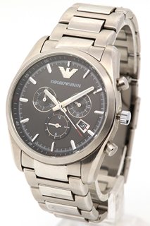 EMPORIO ARMANI GENTS WATCH: MODEL AR-6050. FEATURING A BLACK MULTIFUNCTION DIAL, SILVER COLOURED MARKERS AND HANDS, DATE, STAINLESS STEEL BEZEL, CASE AND BRACELET, W/R 50ATM. COMES IN A PRESENTATION: