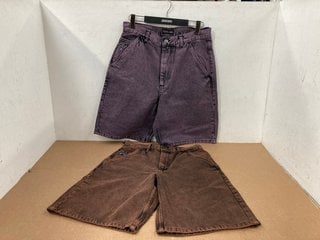 WOMENS ROUTE ONE SUPER BAGGY PURPLE DENIM SHORTS UK SIZE 32 TO INCLUDE ROUTE ONE SUPER BAGGY GINGERBREAD SHORTS UK SIZE 32: LOCATION - E4