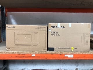 TOSHIBA MICROWAVE OVEN IN BLACK TO INCLUDE PANASONIC MICROWAVE OVEN IN SILVER: LOCATION - BR15