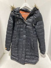 SUPERDRY WOMENS THE SUPER FUJI FAUX FUR HOODED COAT IN BLACK - SIZE SMALL