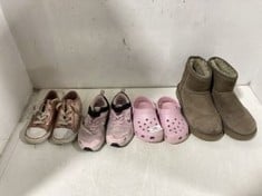 4 X BRANDED CHILDRENS SHOES TO INCLUDE NIKE DOWNSHIFTER IN PINK SIZE UK10, CROCS IN PINK SIZE 9, UGG BOOTS IN BROWN