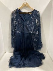 MAYA DELUXE CURVE CAPE SLEEVE FORAL SEQUIN EMBROIDERED TULLE MAXI DRESS IN COLOUR NAVY- UK SIZE 14/16- RRP £97