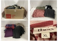 BOX OF ASSORTED ADULTS CLOTHING TO INCLUDE THREADBARE GREY FLEECE HOODED ALL IN ONE- SIZE L