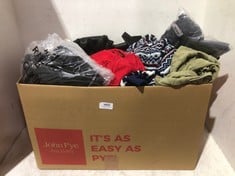 BOX OF ASSORTED CLOTHING TO INCLUDE NEW LOOK TROUSERS IN BLACK