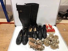 7 X ASSORTED FOOTWEAR TO INCLUDE NEW LOOK COMFORT GOLD LEATHER HIGH HEELS - SIZE 9