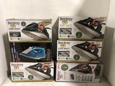 6 X ASSORTED STEAM IRON ITEMS TO INCLUDE BELDRAY 2200 W DUO GLIDE STEAM IRON WHITE GOLD EDITION