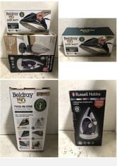 3 X ASSORTED STEAM IRON ITEMS TO INCLUDE BELDRAY 2200 W DUO GLIDE STEAM IRON WHITE GOLD EDITION