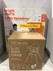 BRIGHT STARTS LITTLE SPEEDSTER 3-IN-1 CAR WALKER TO INCLUDE CLAIR DE LUNE BABY HIGH CHAIR