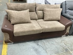 LOGAN BROWN THREE SEATER CORDED SOFA IN BROWN WITH SCATTER CUSHIONS - RRP £475