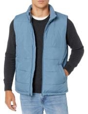 QTY OF ITEMS TO INCLUDE X30 ASSORTED CLOTHING TO INCLUDE ESSENTIALS MEN'S MIDWEIGHT PUFFER VEST, LIGHT BLUE, XL, ESSENTIALS MEN'S STRAIGHT-FIT WRINKLE-RESISTANT FLAT-FRONT CHINO TROUSER, BLACK, 38W /