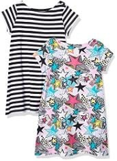 QTY OF ITEMS TO INCLUDE X30 ASSORTED CLOTHING TO INCLUDE ESSENTIALS GIRLS' KNIT SHORT-SLEEVE T-SHIRT DRESSES (PREVIOUSLY SPOTTED ZEBRA), PACK OF 2, WHITE/BLACK, STARS/STRIPES, 8 YEARS, ESSENTIALS WOM