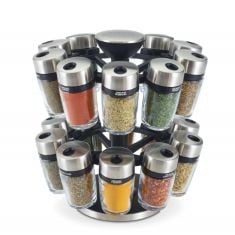 4 X COLE & MASON H121809 CAMBRIDGE 20 GLASS ROTATING SPICE RACK, SPICE AND HERB ORGANISER/STORAGE, GLASS SPICE JARS WITH LABELS, HERBS AND SPICES INCLUDED BBE 09.2024.