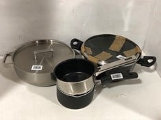 4 X ASSORTED JOHN LEWIS PANS TO INCLUDE BLACK/MARBLE CASSEROLE DISH WITH LID