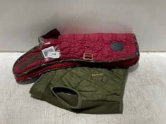 RED BARBOUR DOG COAT WITH TARTEN LINING TO INCLUDE GREEN DOG STYLE PUFFA COAT