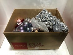 BOX OF ASSORTED CHRISTMAS ITEMS TO INCLUDE JOHN LEWIS SILVER BAUBLES CHRISTMAS TREE