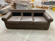 3 SEATER SOFA IN DARK BROWN LEATHER (MISSING BACK CUSHIONS)