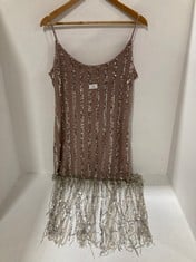 SEQUIN STRAPPY BEADED-FRINGE MINI DRESS PINK / SILVER - SIZE 12 - RRP £220