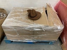 PALLET OF ASSORTED HATS TO INCLUDE ZYLIOO BIG HEADS WOMENS WOOL BOWLER HAT IN BROWN (ZONE 2) (KERBSIDE PALLET DELIVERY)