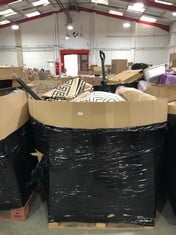 PALLET OF ASSORTED ITEMS TO INCLUDE LARGE RUG IN BEIGE / BLACK WITH RUFFLE (ZONE 4) (KERBSIDE PALLET DELIVERY)