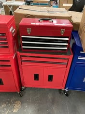 3 DRAWER PORTABLE CHEST IN RED TO INCLUDE 2 DOOR 2 DRAWER TOOL STORAGE IN RED (LOCATION: SR40)