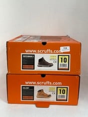 SCRUFFS HARDWEAR SWITCHBACK S3 SRC RATED SAFETY BOOTS DARK BROWN SIZE 10 TO INCLUDE SCRUFFS HARDWEAR SOLLERET S3 SRC RATED SAFETY BOOTS TAN SIZE 10