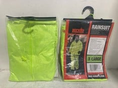 BOX OF ASSORTED SCRUFFS HARDWEAR WORKWEAR CLOTHING SIZE XL TO INCLUDE RAINSUIT WATERPROOF JACKET & OVER TROUSERS NEON YELLOW