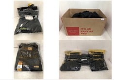 BOX OF ASSORTED WORKS CLOTHES TO INCLUDE SNICKERS WORKWEAR TROUSERS IN BLACK SIZE 32 X 31''