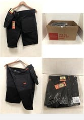 BOX OF ASSORTED WORK TROUSERS AND SHORTS SIZE 34 TO INCLUDE SCRUFFS TRADE FLEX HOLSTER SHORTS IN BLACK