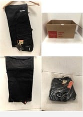 BOX OF ASSORTED WORK WEAR TO INCLUDE SCRUFFS TRADE FLEX TROUSERS IN BLACK SIZE 34 LONG