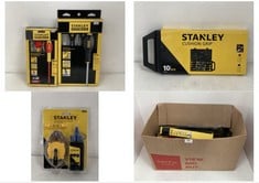 BOX OF MIXED TOOLS TO INCLUDE STANLEY POWERWINDER CHALK LINE REEL WITH LINE LEVEL