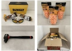 BOX OF ASSORTED ITEMS TO INCLUDE DEWALT DISPOSABLE FOAM EARPLUGS 50PCS