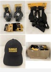 BOX OF ASSORTED ITEMS TO INCLUDE DEWALT HEAVY-DUTY YOKE-STYLE SUSPENDERS