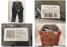 BOX OF ASSORTED WORKWEAR TO INCLUDE DEWALT MEMPHIS TROUSERS IN GREY/BLACK - W86CM X L74CM