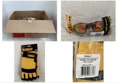 BOX OF ASSORTED ITEMS TO INCLUDE DEWALT OPEN FINGER PERFORMANCE GLOVES- SIZE LARGE