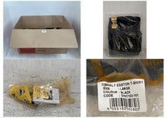 BOX OF ASSORTED ITEMS TO INCLUDE DEWALT EASTON T-SHIRT IN BLACK-SIZE LARGE