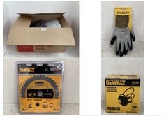 BOX OF ASSORTED TOOLS / ITEMS TO INCLUDE DEWALT DISPOSABLE PARTICULATE RESPIRATORS - 10 PACK