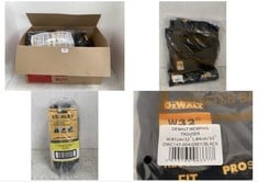 BOX OF ASSORTED WORK WEAR / ITEMS TO INCLUDE DEWALT MEMPHIS TROUSERS IN BLACK SIZE 31 X 32''