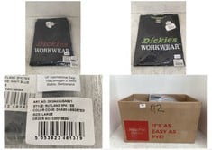 BOX OF ASSORTED WORK WEAR / ITEMS TO INCLUDE DICKIES RUTLAND 3 PACK OF T-SHIRTS IN BLACK SIZE LARGE