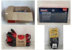 BOX OF ASSORTED WORK WEAR / ITEMS TO INCLUDE SEALEY HEAVY DUTY 2 IN 1 COMPACT RIVETER - MODEL NO. AK3989