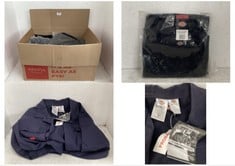 BOX OF ASSORTED WORK WEAR / ITEMS TO INCLUDE DICKIES FLAME RETARDANT FULL WORK SUIT IN NAVY SIZE 56R