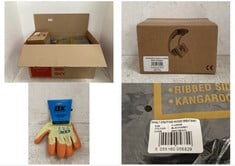 BOX OF ASSORTED WORK WEAR / ITEMS TO INCLUDE ROUGHNECK GORILLA GRIPPER - DOOR GRIPPER - ITEM NO. 32-620