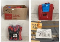 BOX OF ASSORTED WORK WEAR / ITEMS TO INCLUDE DEWALT MEMPHIS TROUSERS IN BLACK SIZE 34 X 31''