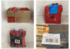 BOX OF ASSORTED WORK WEAR / ITEMS TO INCLUDE QX SAFETY SERIES PVC GAUNTLETS SIZE 10 (XL)